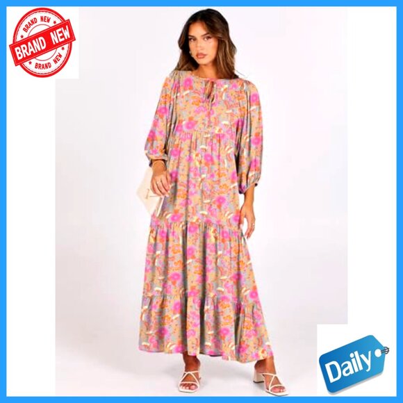 Boho Maxi Dress Flowy Swing V Neck Puff Sleeve Floral Print Casual Elegant - Picture 6 of 7